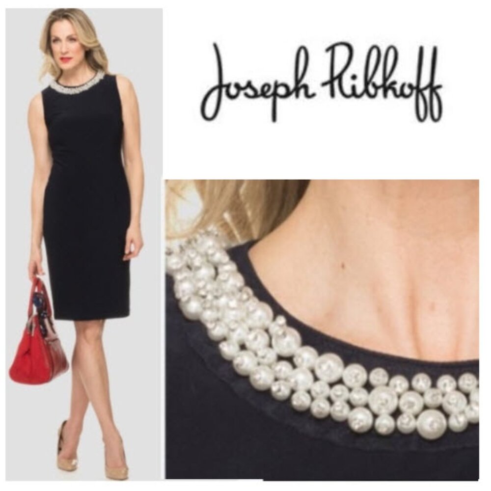 Joseph Ribkoff Black Pearl Crystal Neck Dress Sleeveless Size 10